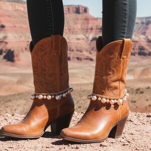 2 Women Gold Metal Chain Boot Bracelet Anklet Shoe Bronze Pearl Bead Charm PAIR